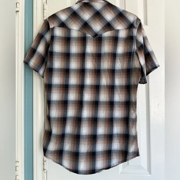 Wrangler Western Shirt Small Mens Brown/Black/White Pearl Snap S/S Plaid Cowboy - Picture 4 of 4